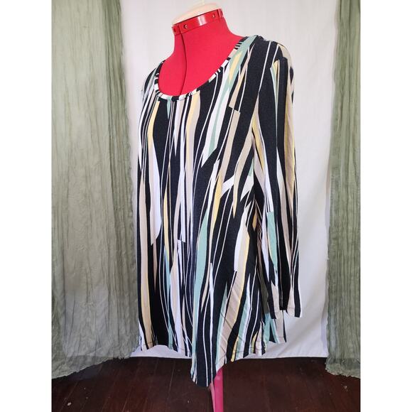 JM Collections Black White Stretch Knit Long Sleeves Tunic Blouse Size L - Picture 2 of 5